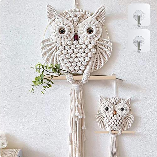 YSGLIFE 2 x Eulen Makramee Wandbehang Wanddekoration Handgefertigt Boho Ornament Wandkunst Aufhänger Heimdekoration Büro Wohnzimmer Schlafzimmer Kinderzimmer Basteldekorationen