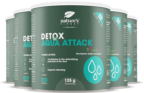 Nature's Finest Detox Aqua Attack Drink, Trinkpulver 625 g (5er Pack) | Mit Cactinea Feigenkaktus, Chlorella, Mariendistel & Artischocke - Zitronengeschmack, vegan, mit Stevia