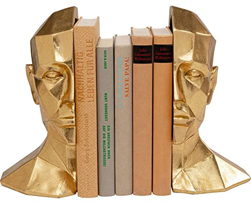 Kare Design Buchstütze Face, 2er Set, Gold, Zweiteiliger Bücherhalter, Buchstopper für Bücherregal, Accessoire, 24x16x11,5cm
