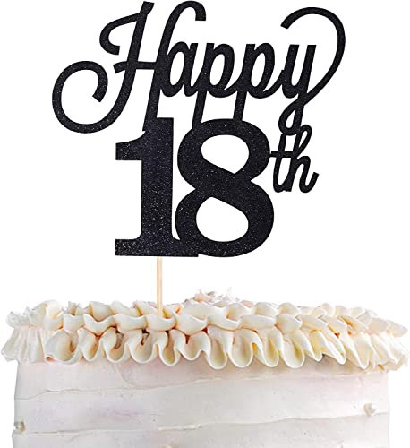 1 Stück Happy 18th Tortendeko Glitzer Number 18 Geburtstag Kuchen Deko Eighteen Torten Dekorationen für Cheers to 18 Jahre alt Geburtstag Hochzeit Jahrestag Party Schwarz