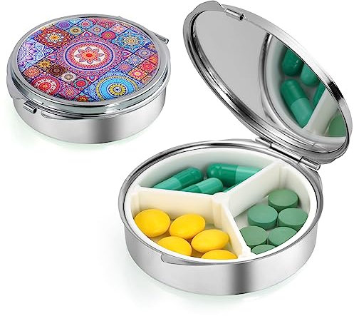 ACWOO Pilulier Portable, Semainier Medicament, Pilulier Avec 3 Compartiments, Boîtes à Pilules Décorative en Métal, Distributeur De Pilules Médicaments pour Médicaments, Suppléments et Vitamines