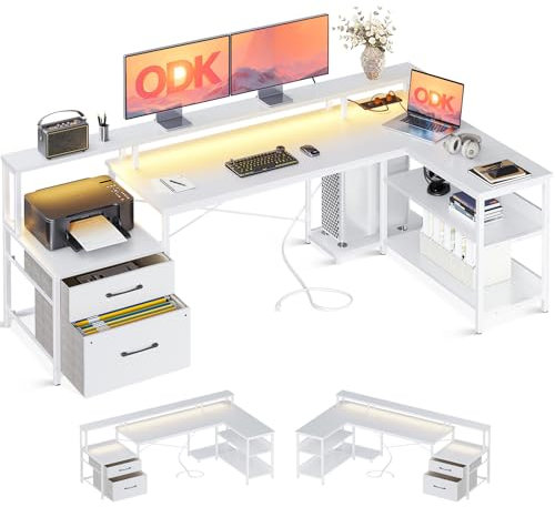 ODK Schreibtisch mit Schubladen, 189.3×100cm Reversibel Eckschreibtisch Groß mit 2 Steckdosen&USB Ladeanschluss, Schreibtisch L Form mit Stauraum, Gaming Tisch mit LED für Homeoffice, Weiß