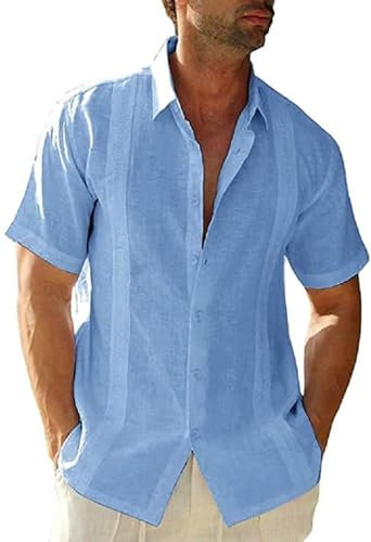 Friptspyg Men's Sky Blue M Linen Cotton Short Sleeve Button Down Casual Shirt