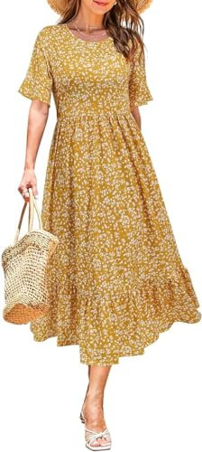STYLEWORD Women Summer Dress Floral Short Sleeve Ladies Casual Swing Midi Dress with Pockets(Yellow Floral,Medium)