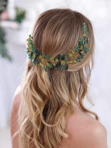 IYOU Crystal Wedding Hair Vine Green Leaf Bridal Headband Rhinestone Headpiece Prom Bride Bridesmaid Hair Accessories for Women