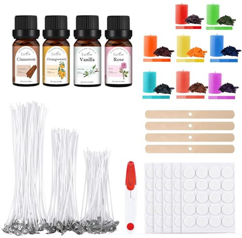ALLAVA Kerzen Selber Machen Set, Kerzenherstellung Kit, 100 Kerzendochte and 4 Ätherische Öle, 100 Kerzen Aufkleber, 4 Dochthalter, Candle Making Kit für Erwachsene und Kinder