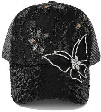 TRADERPLUS Baseballkappe mit Pailletten, verstellbar, Schmetterlingsmotiv, Strass, Schwarz , M/L