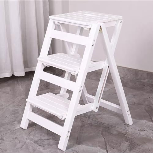 Klapptreppe Klappstufen Klapptritt Trittleiter 3 Stufen aus Holz weiß leicht und faltbar für Kind Erwachsene für Loft Bibliothek Küche Home Dekoration - 150kg Kapazität