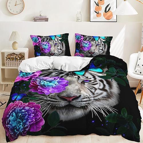Yaofeiou 3D Effekt Tier Bettwäsche 135x200 Lila Blumen und Tiger Muster Bettbezug Wildtier Tiermotiv Bettwäsche Schwarz Weiß Microfaser Bettbezug Set 4Teilig mit 2 Kissenbezug 80x80
