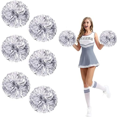 6 Stück Pompoms Cheerleading, Cheerleader Pompons mit Finger Ring, Fluffy Cheer Poms, Cheerleading Puschel, Angemessen für Sportveranstaltungen, Feste, Partys und So Weiter (Silber)