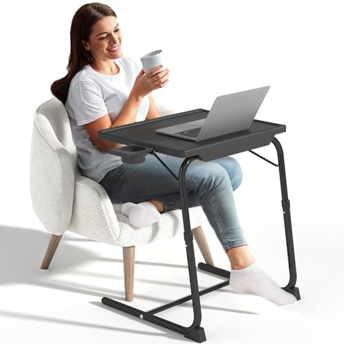 IWDOO TV Tray Table, Adjustable TV Dinner Table for Eating on Couch with Cup Holder, Folding Table with 6 Height & 3 Tilt Angle Adjustments, Comfortable Laptop Stand for Bed & Sofa, Black