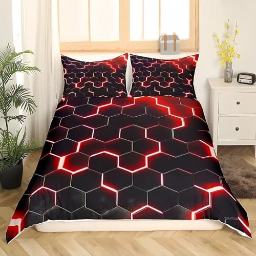 Tabeskly Hexagon Raum Geometrie Jungen BettwäSche Kinder KinderbettwäSche Bed Duvet Cover Bedding Set Schwarz Rot 135×200cm