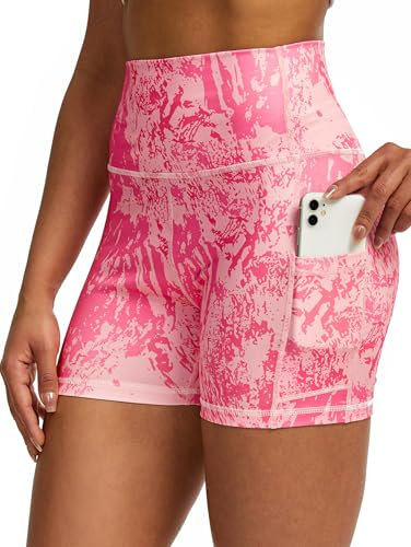 Tuspryt Pantaloncini sportivi da donna, pantaloncini sportivi da donna, opachi, corti, da jogging da donna, con tasche, Stampa rosa, XL