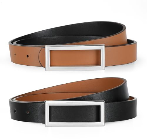 VONMELLI Schmaler Wendegürtel für Damen, Dünner Ledergürtel für Kleider Jeans Hosen mit goldener Schnalle Schwarz/Braun Silberne Schnalle XL