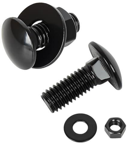 OUSCHR Kit di bulloni a testa tonda da 1/4-20 x 1-1/4, in acciaio inossidabile 304, viti con dadi esagonali e rondelle piatte, testa rotonda a collo quadrato, filettatura completa, finitura nera, 12