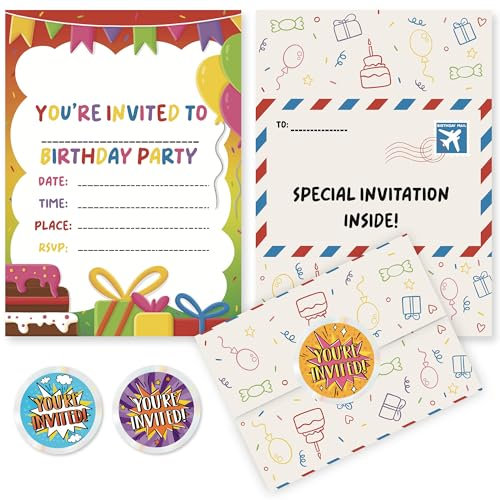 VELENTI 40 Kids Childrens Birthday Party Invitations - Kids, Boys, Grils Birthday Invitations, Invites with Folding Envelope Design and Holographic Stickers, Party Decoration