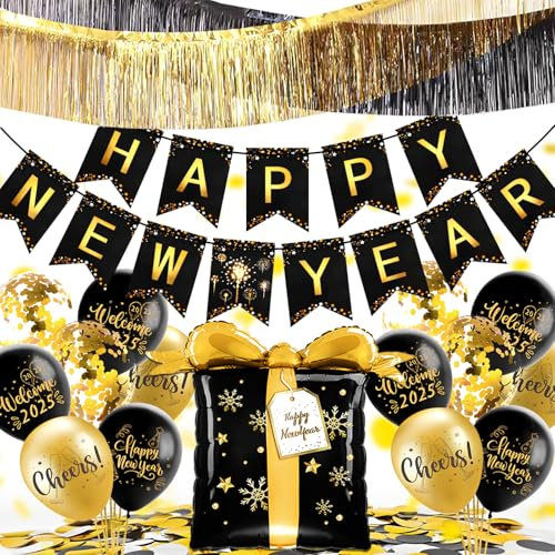 YBwanli Silvester Deko 2026, Schwarz Gold Neujahr Deko 2026,Happy New Year Banner,2026 Folienballon Konfetti Luftballons, Glitzer Vorhänge, Silvester-Party-Deko-Set