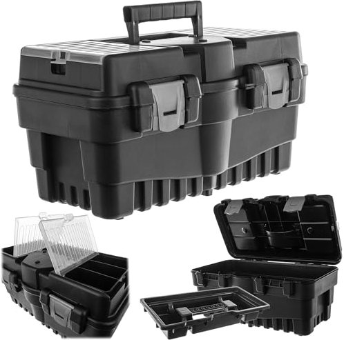 KADAX Werkzeugbox, 44 x 25 x 24 cm, Werkzeugkasten mit Tragegriff und Verschlüssen, Werkzeugkoffer zur Aufbewahrung von Werkzeugen (Schwarz)