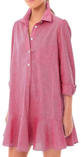 Robe de cocktail pour femme - Grandes tailles - Longue - Avec manches - Solide - Mini robe à manches longues - Boutonnière - Robe courte à volants - Robe d'invité de mariage enceinte, Rose, M