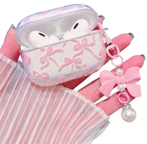 MINSCOSE Kompatibel mit AirPods Pro 2 Klar Hülle,Niedliche Bogen Hübsches Ästhetisches Design mit Bogen Perle Schlüsselanhänger,Weiche TPU Schützende Stoßfestes Hülle für Mädchen für Airpod Pro 2-Rosa