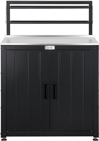 Feasto Garden Potting Bench for Patio with Storage Cabinet, Black | Stainless Steel Garden Workstation, Raised-Edge Top, Adjustable Shelf & Removable Hutch, Patio, Balcony & Outdoor Workspace