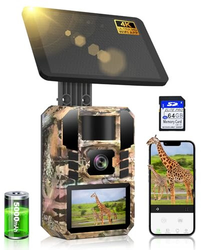 Lutranstra 3 Wildkamera Solar, 4K/64MP Wildkamera WLAN mit Handyübertragung APP, Bewegungssensor, Nachtsicht, 0,1s Auslösezeit, Infrarot Wildtierkamera mit 5000mAh Akku, 64GB Karte, IP67 Wasserdicht
