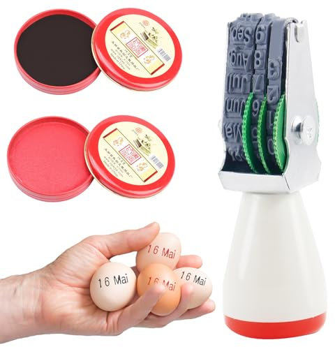 Eier-Datier-Set mit Stempel, Eier-Datumsstempel,Rot und Schwarz Tinte,4mm Datums-Kautschukstempel mit Stempelkissen, Nur Monat und Tag, kein Jahr,für Hühner, Enten, Gänse und Truthahneier markierung