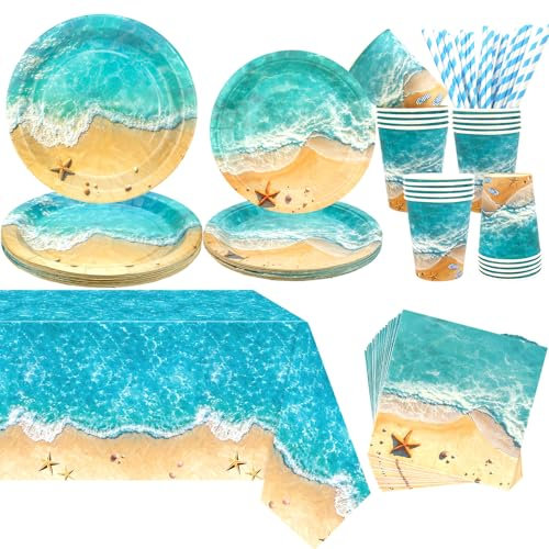 decoraciones de fiesta de playa suministros incluyen platos mantel servilletas vajilla para piscina de verano fiesta hawaiana decoraciones de cumpleaños, servido 20
