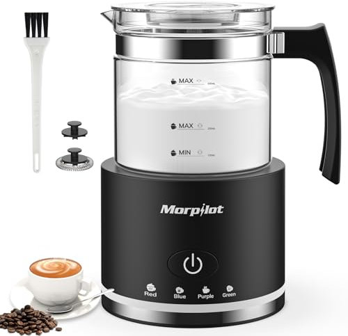 Milk Frother, Morpilot Montalatte Elettrico in Vetro, 4 in 1 Funzione, Bello da Vedere, Capacità 250ml per Schiumare o 500 ml per Riscaldare, Design Diviso, Nero