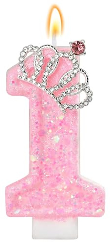 LunarCharm Velas de cumpleaños rosas – Velas con números brillantes para fiestas infantiles con corona, número 1, para decoración de tartas y cupcakes