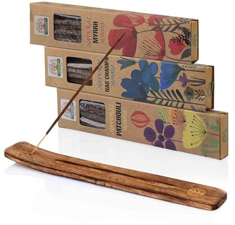 NKlaus 3er Räucherstäbchen-Set Patchouli, Myrrh & Nag Champa mit Holzhalter | Das 3er Set aus Patchouli-, Myrrh- und Nag-Champa-Räucherstäbchen mit Holzhalter eignet sich für Meditation