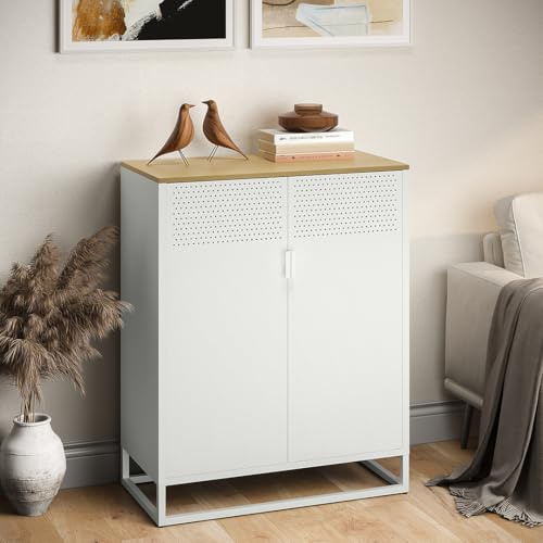 skølm Izar Metallkommode – Wohnzimmerschrank mit Doppeltüren in Weiß – Metallschrank mit MDF-Ablagefläche & 2 Fächern – Sideboard für Wohnzimmer – Mehrzweckschrank 100x80x40 cm