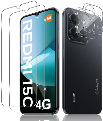 Yenwen Schutzfolie für Xiaomi Redmi 15C 5G / 4G für Panzerglas, 2 Stück Displayschutz mit 2 Stück Kameraschutz für Redmi 15 C, 9H Härte Schutzglas Handy Folie HD Klar Panzer Schutz Glas