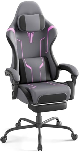 Kidsgigglz Gaming Stuhl mit Massagefunktion, Ergonomischer Gaming Chair mit Lendenkissen, Fußstütze und Kopfkissen, Gaming Sessel Rückenlehne Verstellbar, 150 kg Belastbarkeit (Grau-Lila)