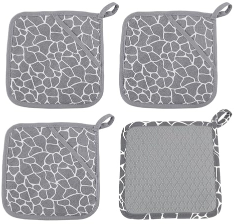 4 Stück Silikon Topflappen Set Hitzebeständig rutschfest | Topflappen mit Tasche für Hitzeschutz auf Tischplatten und Hände (Grau)