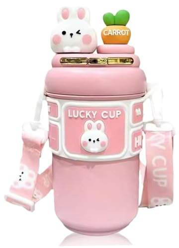 Faroby Botella de Agua Kawaii Rabbit de 550 ml, Tapas Dobles de Acero Inoxidable, Correa Ajustable