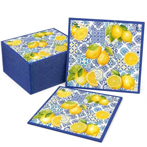 40 Stück Servietten Zitronen Motiv, 33x33cm Capri Papierservietten, Zitronen Deko Tischdeko, Gelb Blau Sommer Einweg Zitrone Servietten, Italienische Deko für Geburtstag, Hochzeit Party