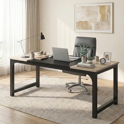 Lailang 180cm Bureau, Meuble Ordinateur de Bureau Et Imprimante, Plan de Travail Bois, Bureau Double 2 Personnes, 180 x 80 x 75 cm, Noir