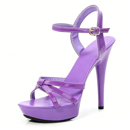 Vosswear Sandali con Plateau e Tacco a Spillo 13cm per Donna, Cinturino alla Caviglia con Fibbia in Pelle, Ideali per Festa Discoteca Spettacolo Passerella Pole Dance,Viola,34 EU