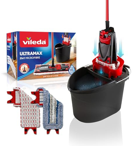 Vileda Ultramax Bodenwischer Komplett Set mit 2 Mikrofaserbezügen, 2in1 für alle Hartböden + Tiles Care Bezug speziell für Fliesen, Wischmopp Set mit Stiel und Eimer mit PowerPresse