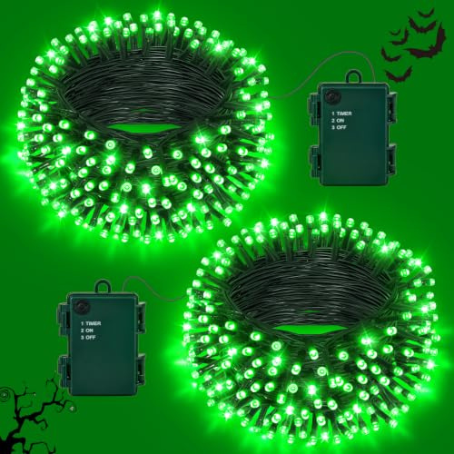 Halloween Lights Outdoor 2Pack Total 12M 120LED Green Battery Fairy Lights | 19.7FT 60LED Fairy Lights Battery Operated with Timer Waterproof for Indoor Outdoor Garden Party Halloween Autumn Decorations