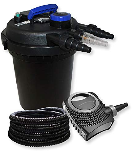 Wiltec Komplettset: CPF-180 Teichdruckfilter bis 6000 L mit 11 Watt UV-C Teichklärer, NEO8000 SuperEco Teichpumpe 8000l/h 70W, 25m Teichschlauch 25 mm (1)