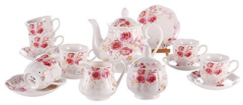 GuangYang 15er Set Teeservice 6 Personen-Porzellan-Rosa Blume-(6 Tassen, 6 Untertassen,1Teekanne,1 Zuckerdose,1 Giesser)