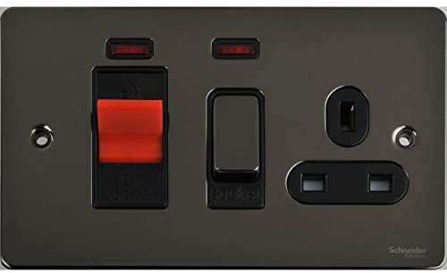 Schneider Electric Ultimate Flat Plate - Switched Cooker Control Unit with 13A Single Power Socket, Double Pole, Neon Indicator, 45A, GU4201BBN, Black Nickel with Black Insert