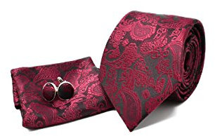 Krawatte Set mit Paisley Dunkelrot Krawatte, Einstecktuch und Manschettenknöpfe für Herren - 100% Seide - Klassisch, Elegant und Modern - (Geschenk, ideal für Männer zum Geburtstag, eine Hochzeit)