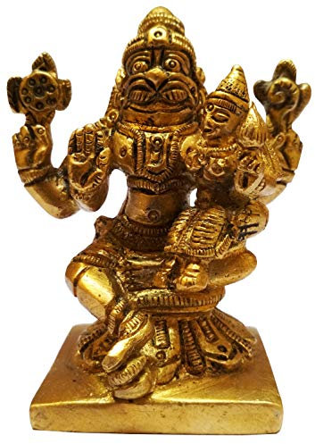 Purpledip Brass Idol Narasimha Lakshmi: Vishnu Laxmi Statue for Home Temple (11581)
