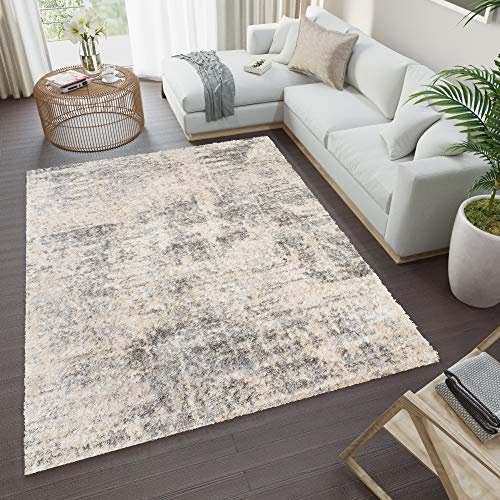 TAPISO Versay Teppich Shaggy Langflor Hochflor Modern Design Creme Hellgrau Splash Leinwand Optik Meliert Wohnzimmer Schlafzimmer ÖKOTEX 80 x 150 cm