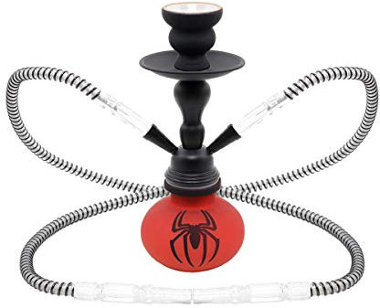 MADGROW Cachimba Spider. ROJA. 25 cm. 2 mangueras. Shisha Cuerpo metálico Mate. SÚPER Pack: 5 boquillas XXL, Pinzas/perforador.