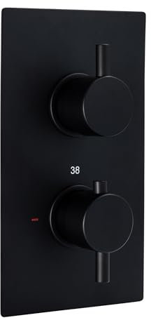 ENKI, Venice, TSV024, Concealed Thermostatic Twin Diverter Shower Mixer Valve with Two Outlets, Round Handles, Modern Bathrooms, Constant Temperature, Matt Black