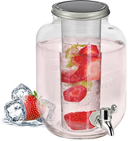 Getränkespender mit Früchte Eiswürfel Einsatz Zapfhahn und Deckel 4 Liter Wasserspender Glasbehälter Karaffe mit Kühleinsatz für Kaltgetränke Wasser Limo Bowle Eistee